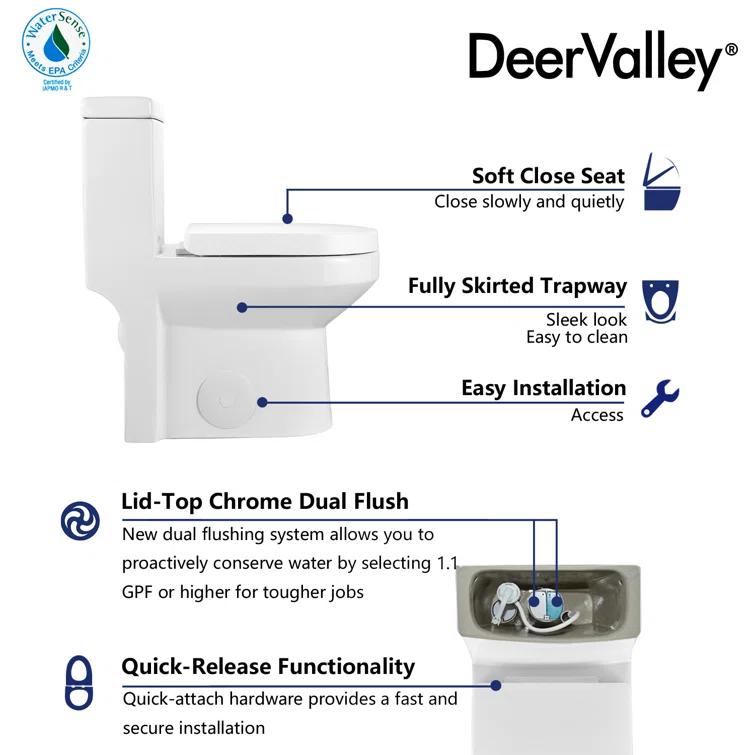 DeerValley Liberty Compact Toilets One-Piece Toilet With High-Efficiency Flush Round Toilet for Space-Saving Floor Mounted (Seat Included)