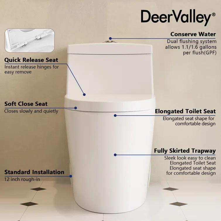 DeerValley Prism Dual-Flush Elongated One-Piece Toilet with Glazed Surface Lower Water Tank for Space Saving (Seat Included)