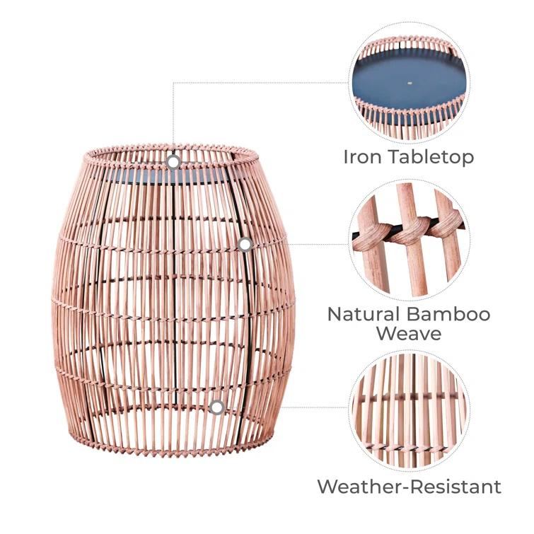Bay Isle Home™ Bamboo Drum Side Table with Black Iron Top – Weather-Resistant Open Weave Accent Table