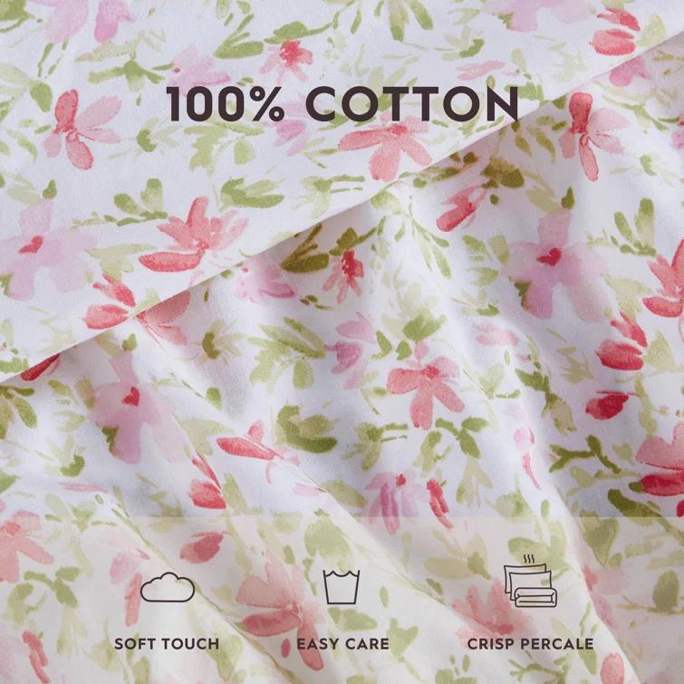 Laura Ashley Norella 100% Cotton Percale- 4 Piece- Sheet Set  Pink- Full