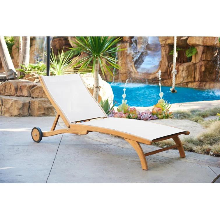 White Teak Outdoor Reclining Chaise Lounger with Wheels