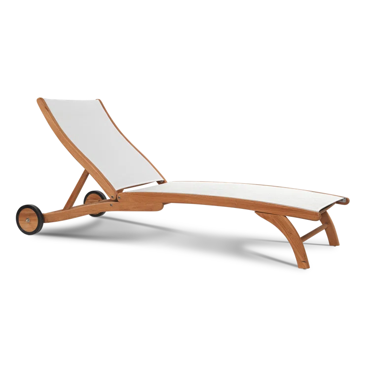 White Teak Outdoor Reclining Chaise Lounger with Wheels