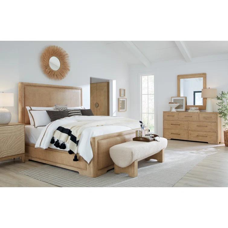 Beige Wood California King Upholstered Panel Bed with Headboard