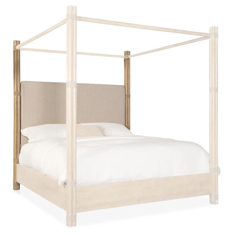 King Beige Upholstered Canopy Bed with Oak Frame