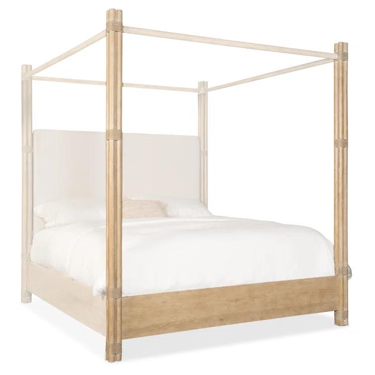 King Beige Upholstered Canopy Bed with Oak Frame