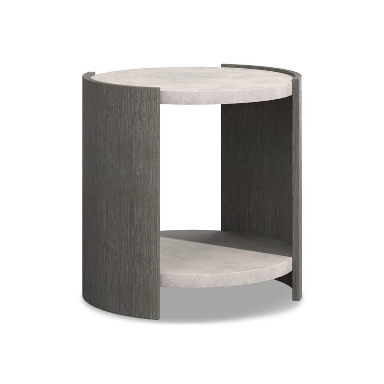 Beige and Gray Round Wood and Glass Side Table