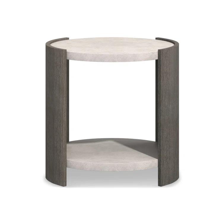 Beige and Gray Round Wood and Glass Side Table