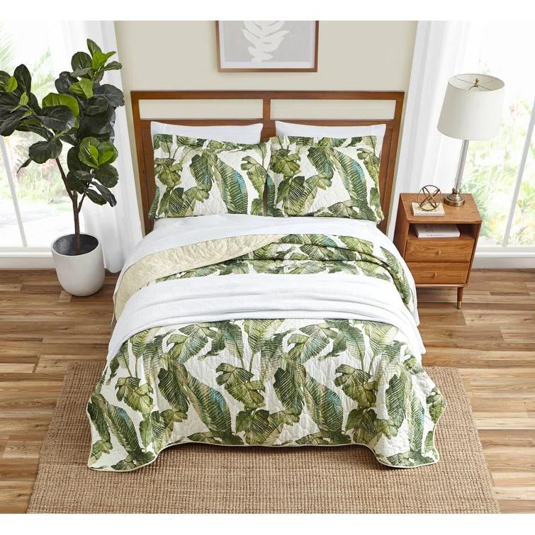 Tommy Bahama Full/Queen Fiesta Palms Quilt & Sham Set Bright Green: Botanical Pattern, Includes 2 Shams