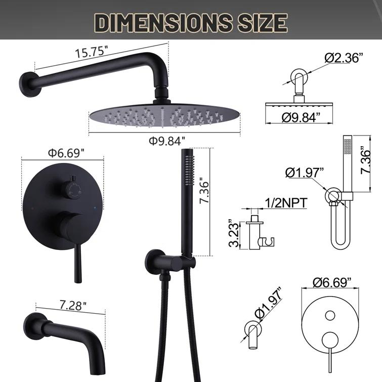 10 Inch Overhead Shower with 360° Rotatable Tub Spout Rough In Pressure Balance Valve Body