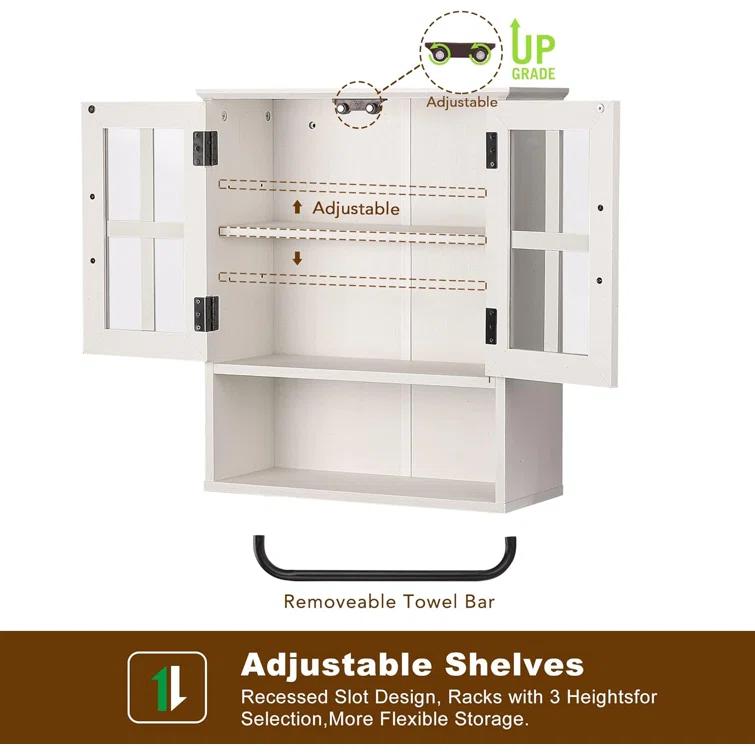 Wood Wall Storage Cabinet With Cross Glass Doors, Farmhouse Wall Mounted, 3 Tier Rustic Cabinet With Adjustable Shelves And Towel Bar For Bathroom, Living Room, Vintage White
