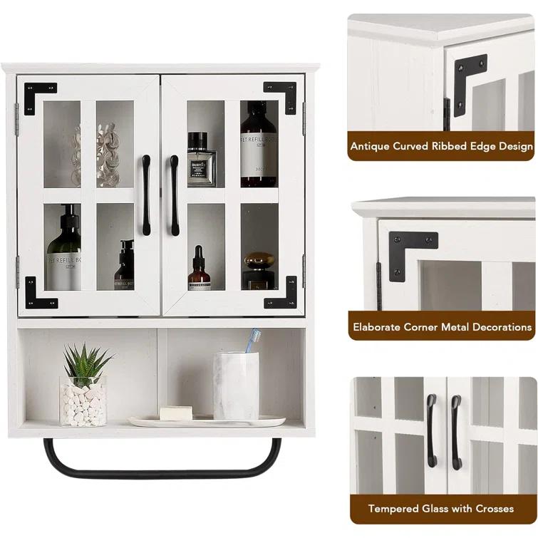 Wood Wall Storage Cabinet With Cross Glass Doors, Farmhouse Wall Mounted, 3 Tier Rustic Cabinet With Adjustable Shelves And Towel Bar For Bathroom, Living Room, Vintage White