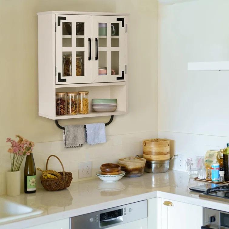 Wood Wall Storage Cabinet With Cross Glass Doors, Farmhouse Wall Mounted, 3 Tier Rustic Cabinet With Adjustable Shelves And Towel Bar For Bathroom, Living Room, Vintage White