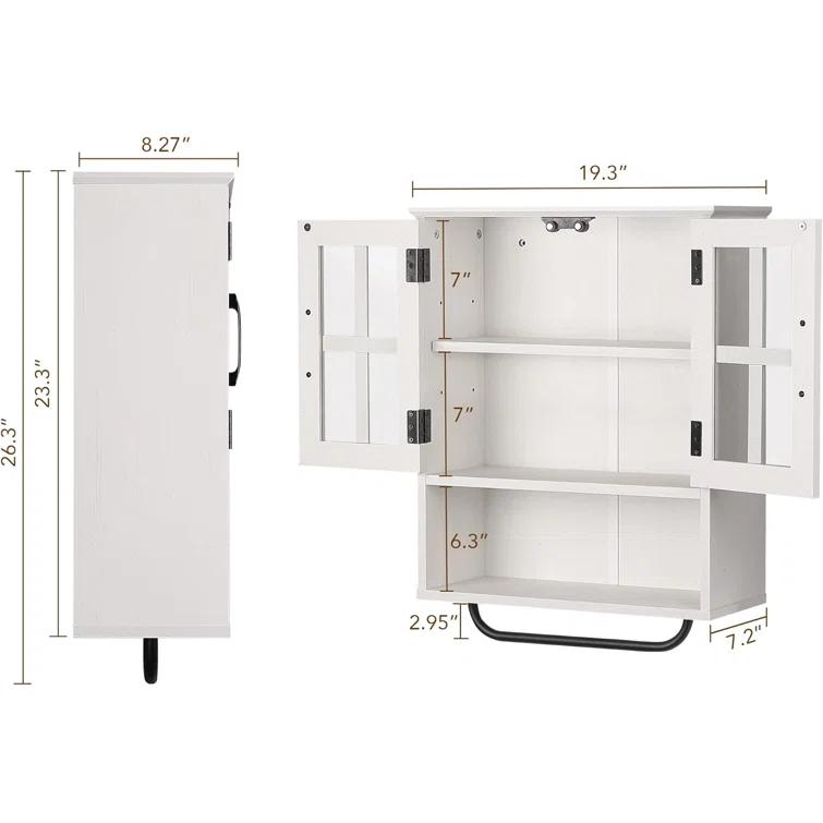 Wood Wall Storage Cabinet With Cross Glass Doors, Farmhouse Wall Mounted, 3 Tier Rustic Cabinet With Adjustable Shelves And Towel Bar For Bathroom, Living Room, Vintage White