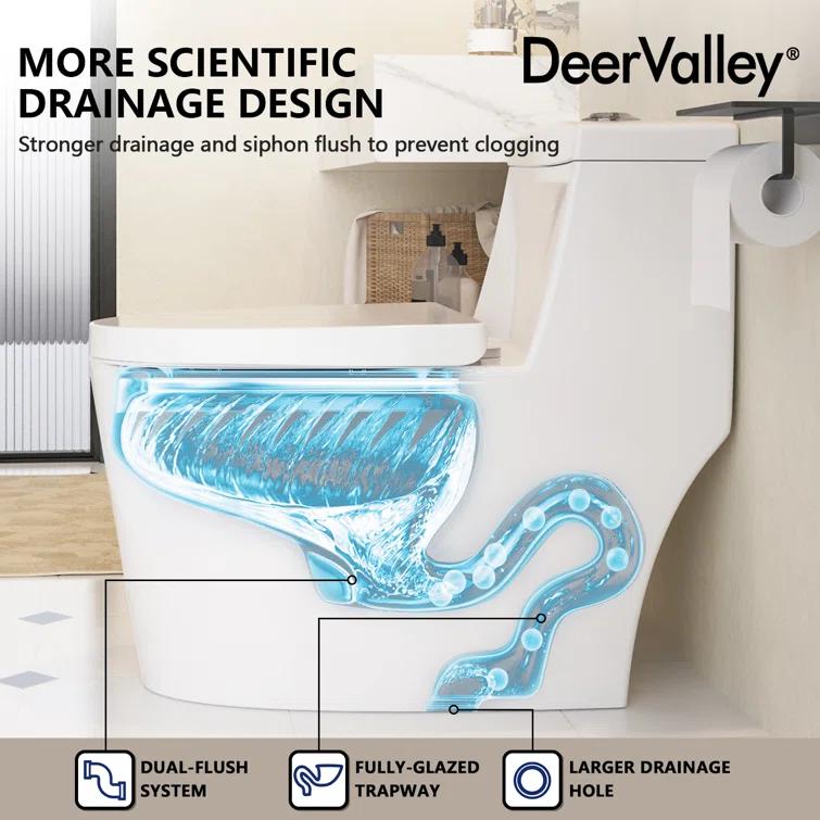 DeerValley Prism Dual-Flush Elongated One-Piece Toilet with Glazed Surface Lower Water Tank for Space Saving (Seat Included)