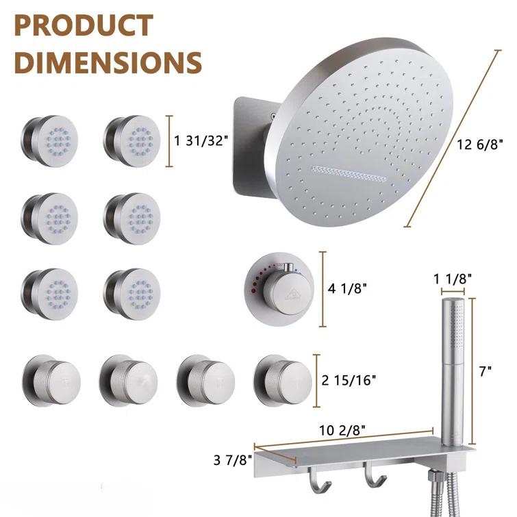 Rainfall Thermostatic Shower System with Body Jets, 2-Sprays Shower Head and a Shelf