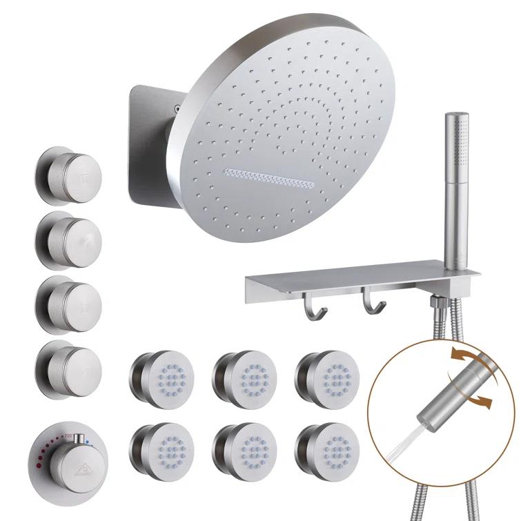 Rainfall Thermostatic Shower System with Body Jets, 2-Sprays Shower Head and a Shelf