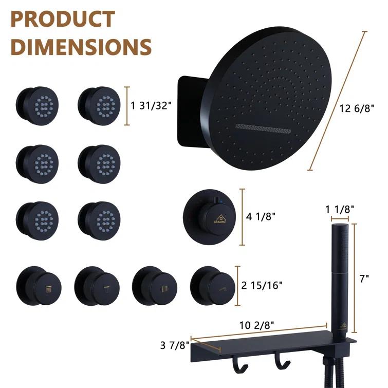 CASAINC KCHS0005-12MB Rainfall Thermostatic Shower System with Body Jets, 2-Sprays Shower Head and a Shelf