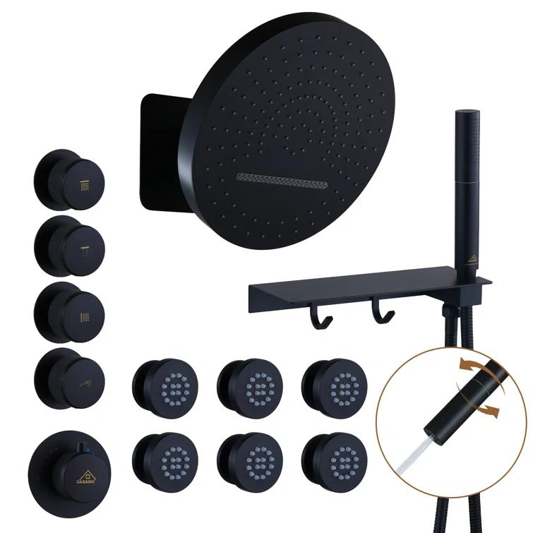 CASAINC KCHS0005-12MB Rainfall Thermostatic Shower System with Body Jets, 2-Sprays Shower Head and a Shelf