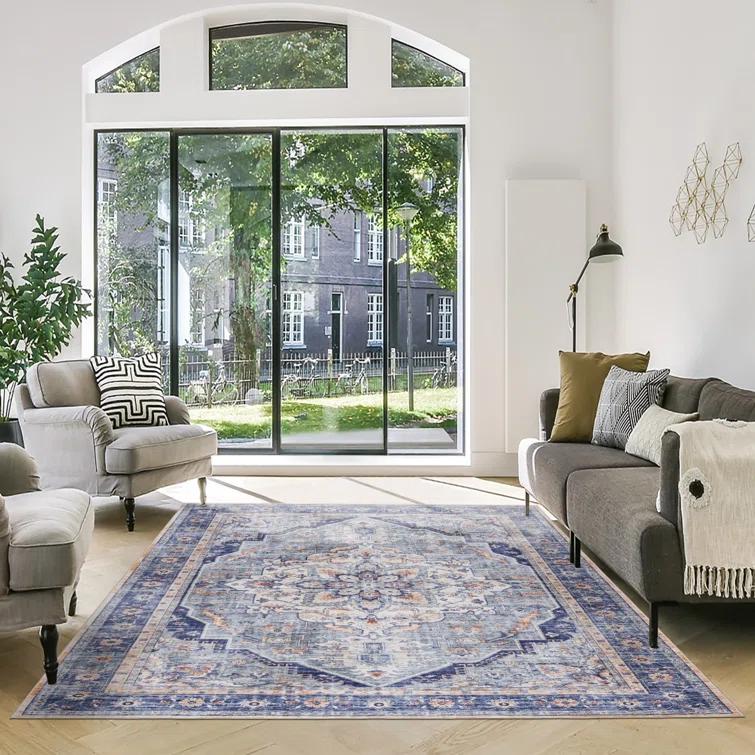 Gertmenian Crystal Print Tiefi Traditional Medallion Navy Blue Ivory Multi Washable Flat Pile Indoor Area Rug