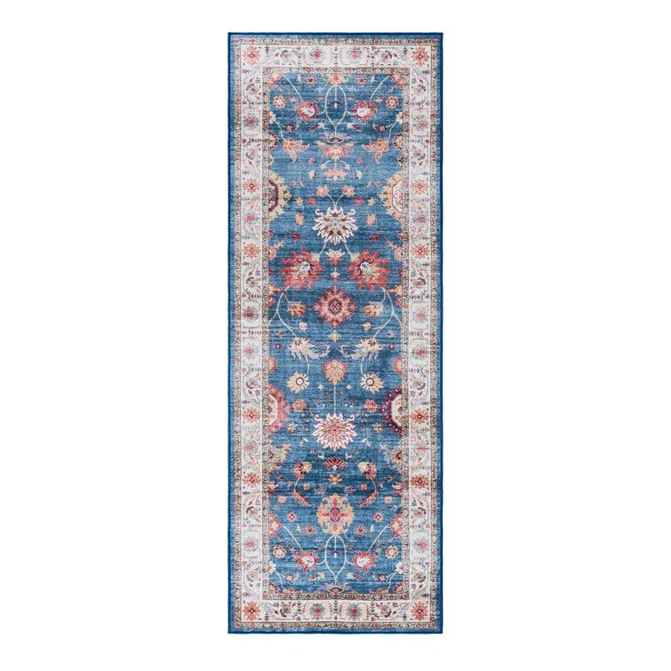 Gertmenian Crystal Print Cullen Navy Blue Beige Multi Transitional Floral Border Washable Flat Pile Indoor Area Rug