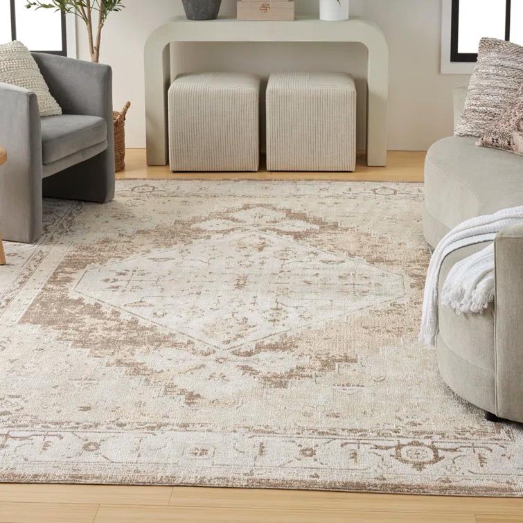 Haydel Oriental Machine Washable Power Loom Polyester Area Rug in Beige