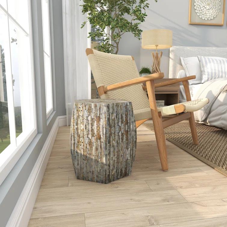 Wrought Studio™ Alissa Mother of Pearl Shell Handmade Shell Mosaic Hexagon Side End Gray Accent Table with Brown Accents