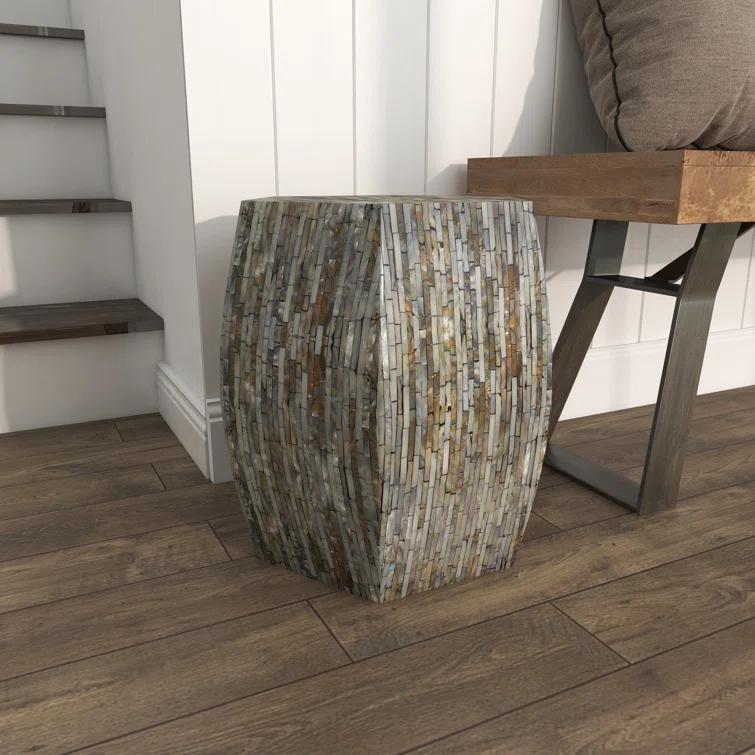 Wrought Studio™ Alissa Mother of Pearl Shell Handmade Shell Mosaic Hexagon Side End Gray Accent Table with Brown Accents