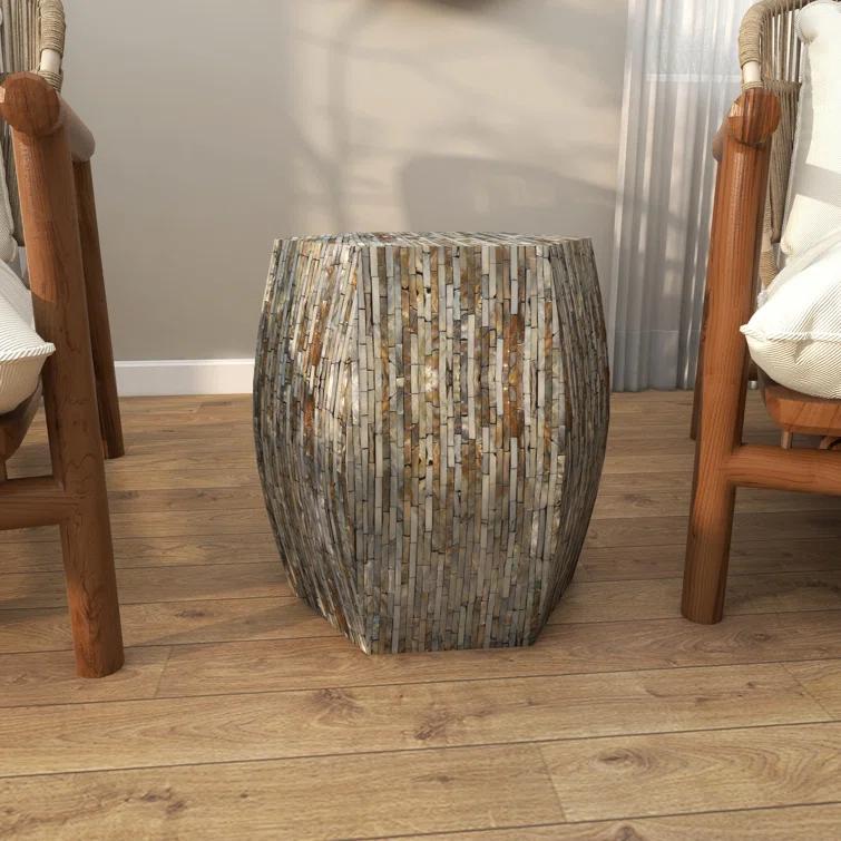 Wrought Studio™ Alissa Mother of Pearl Shell Handmade Shell Mosaic Hexagon Side End Gray Accent Table with Brown Accents