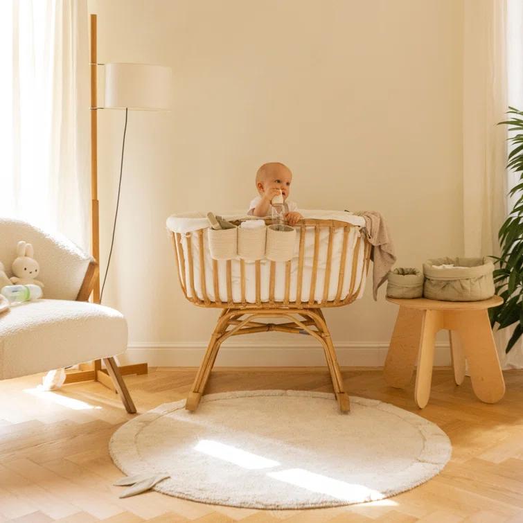 Lorena Canals Round Hand Tufted 3'11.25" x 3'11.25" Cotton/Bamboo Slat / Seagrass Area Rug in Natural/Ivory/Olive