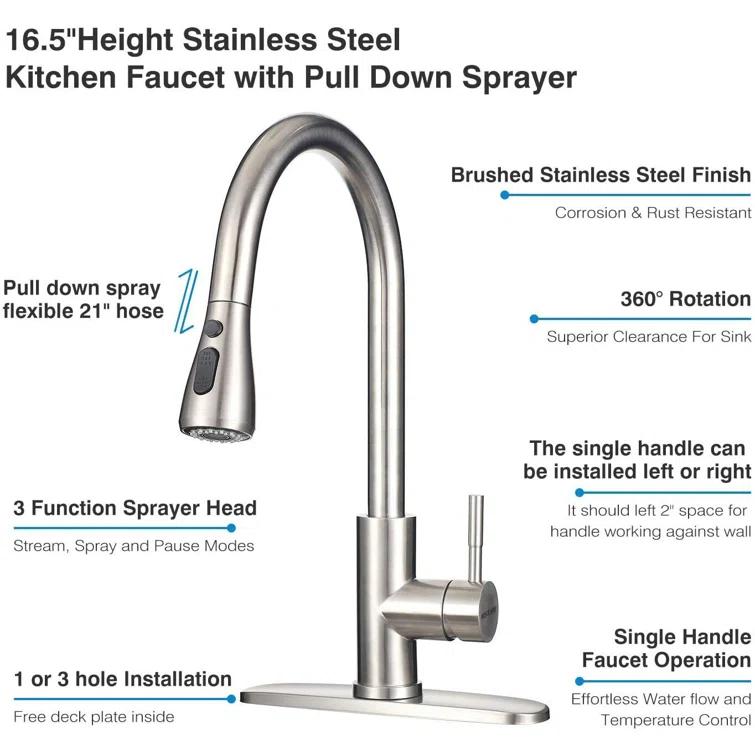 Brushed Nickel Kitchen Sink Faucet with Pull Down Sprayer Single Handle Single Hole Mixer Tap