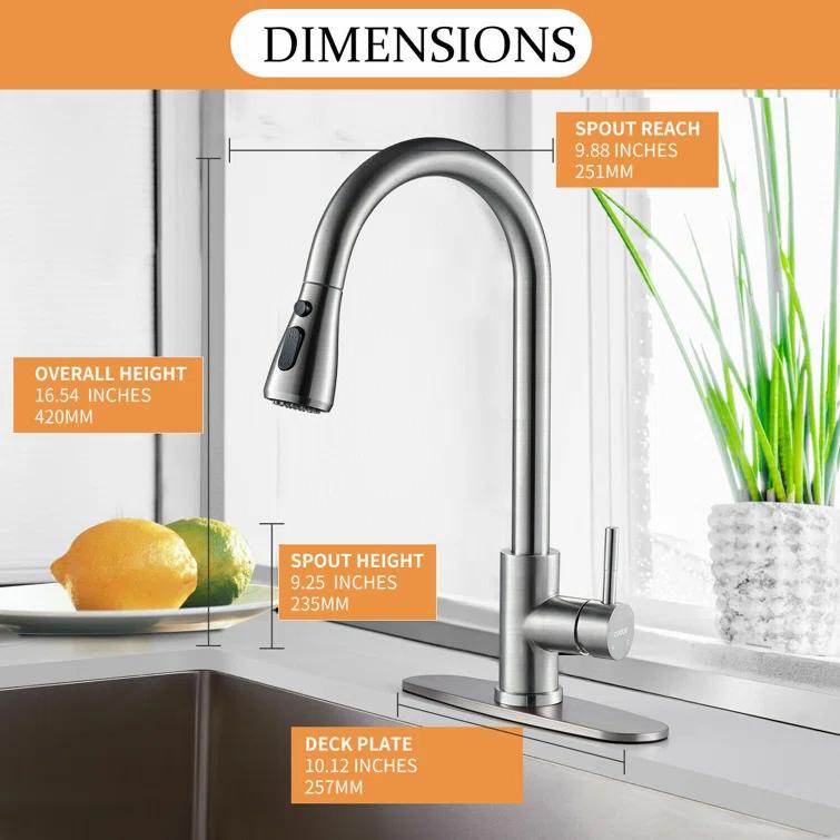 Brushed Nickel Kitchen Sink Faucet with Pull Down Sprayer Single Handle Single Hole Mixer Tap