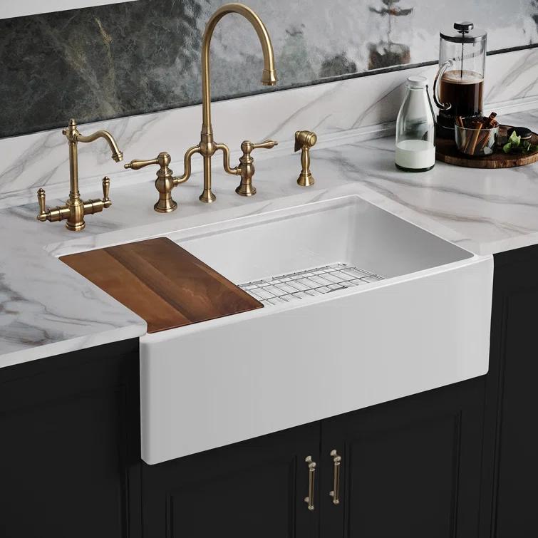 Whitehaus Collection Front Apron Single Bowl Fireclay Kitchen Sinks with Cutting Board and Grid