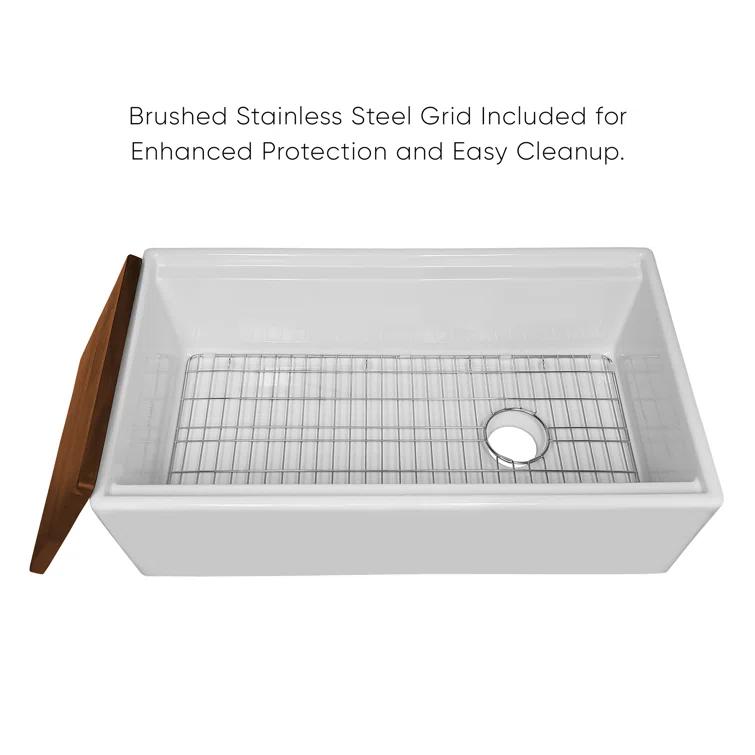Whitehaus Collection Front Apron Single Bowl Fireclay Kitchen Sinks with Cutting Board and Grid