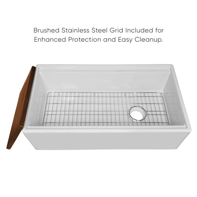 Whitehaus Collection Front Apron Single Bowl Fireclay Kitchen Sinks with Cutting Board and Grid