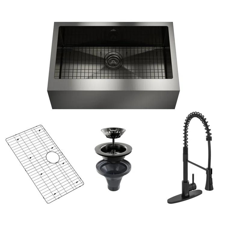 33" L x 22" W Farmhouse Kitchen Sink with Faucet, Stainless Steel Grid