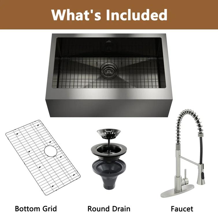 33" L x 22" W Farmhouse Kitchen Sink with Faucet, Stainless Steel Grid