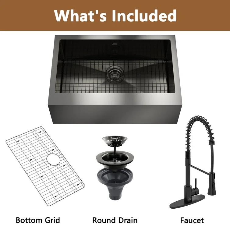33" L x 22" W Farmhouse Kitchen Sink with Faucet, Stainless Steel Grid