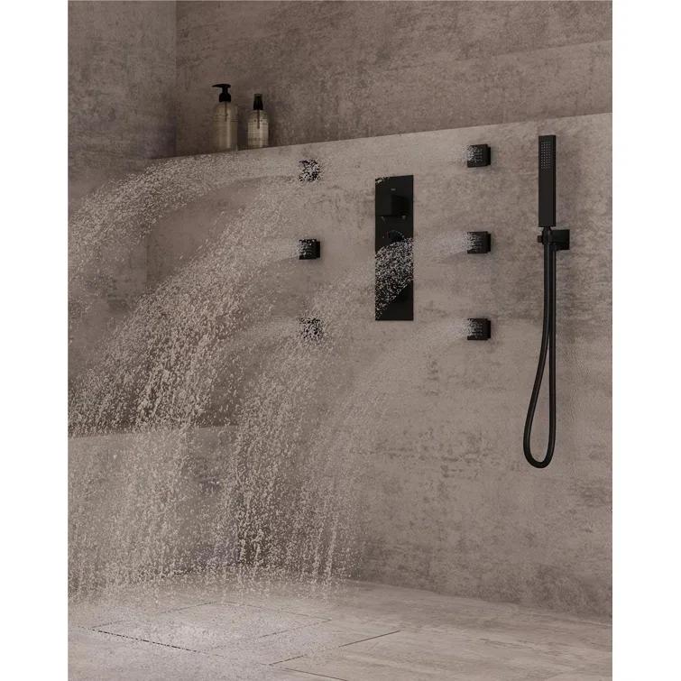 3-Function LED Light Thermostatic Rainfall Shower System with 6 Body Jets and Rough-in Valve