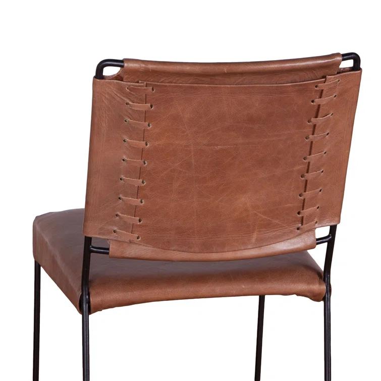 Mid-Century Modern Tobacco Leather and Iron Side Chair
