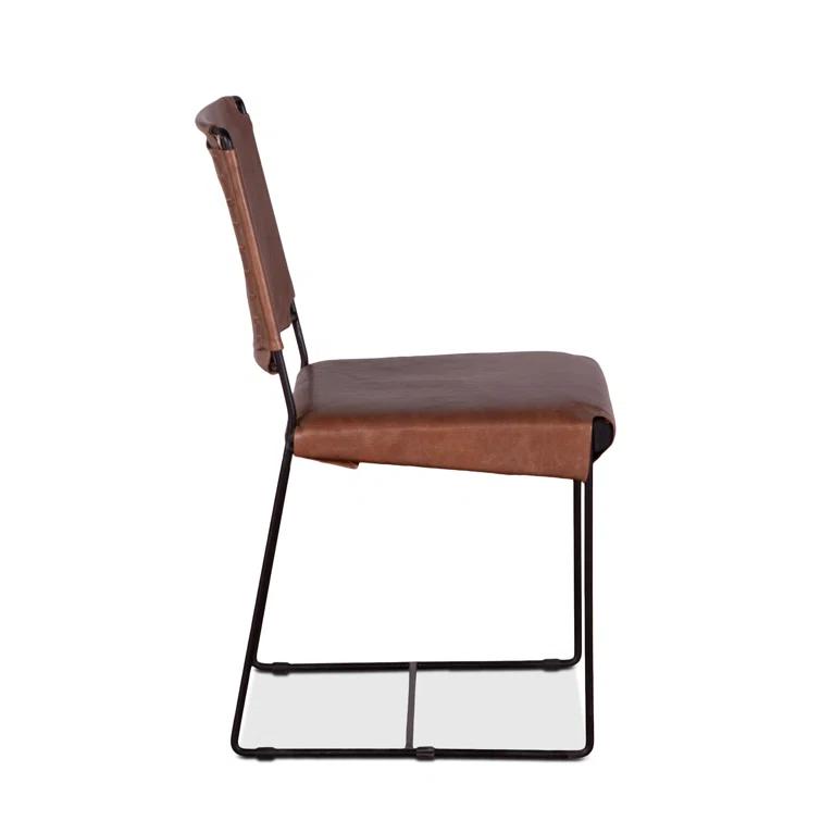 Mid-Century Modern Tobacco Leather and Iron Side Chair