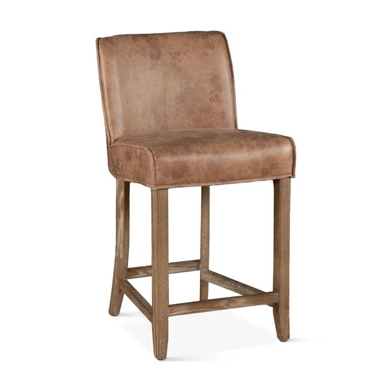 Vintage Tan Leather Counter Stool with Natural Wood Legs