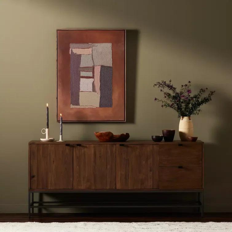 Auburn Poplar Wood 72" Sideboard with Leather Pulls and Iron Base