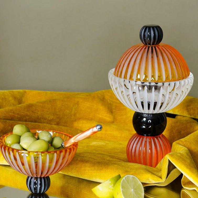 Handcrafted Clear, Black, Amber Glass Multifunctional Footed Bowl