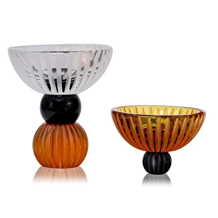 Handcrafted Clear, Black, Amber Glass Multifunctional Footed Bowl