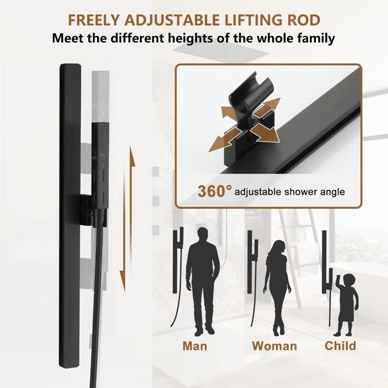 Rodeo 27.5-Inch LED&Music Rainfall Thermostatic Shower System with Slide Bar and 2-in-1 Handheld