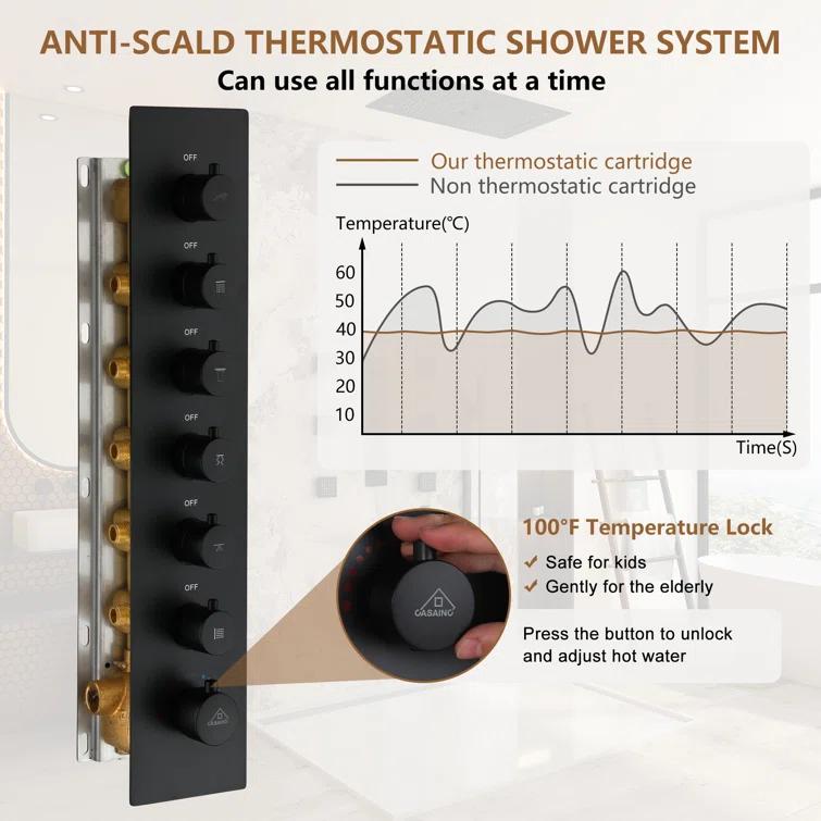 Rodeo 27.5-Inch LED&Music Rainfall Thermostatic Shower System with Slide Bar and 2-in-1 Handheld