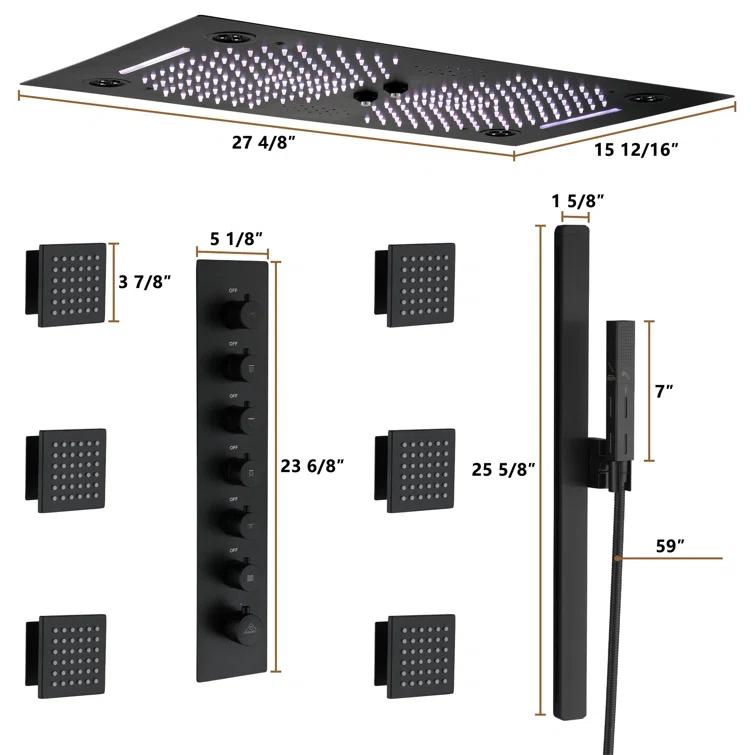 Rodeo 27.5-Inch LED&Music Rainfall Thermostatic Shower System with Slide Bar and 2-in-1 Handheld