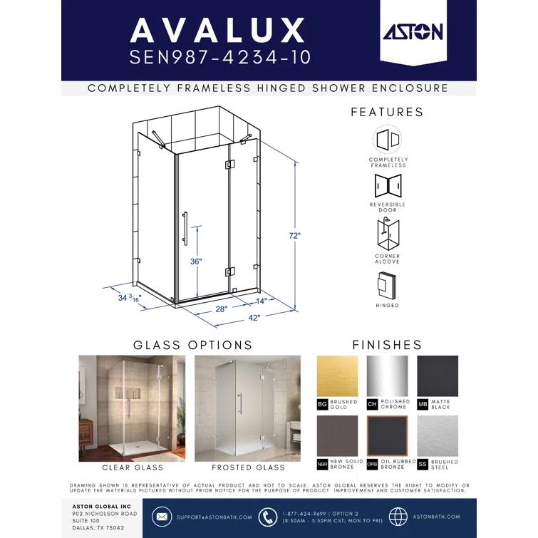 Avalux 42 in. W x 34 in. D x 72 in. H Frameless Shower Enclosure, Frosted Glass