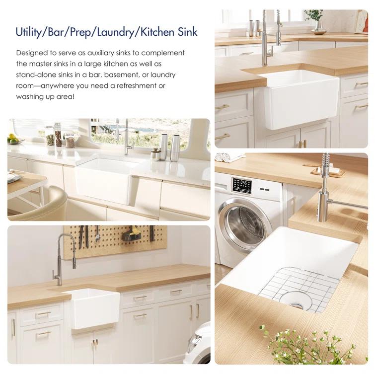 Denbigh 21" L x 16" W Farmhouse Apron-Front Kitchen Sink with Sink Grid and Pop-Up Drain, Laundry Sink