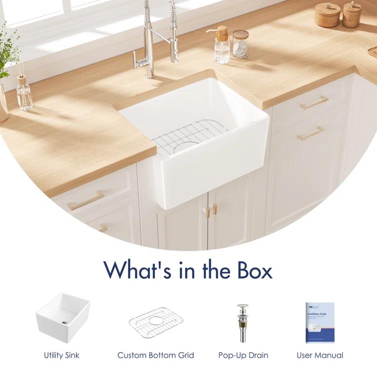 Denbigh 21" L x 16" W Farmhouse Apron-Front Kitchen Sink with Sink Grid and Pop-Up Drain, Laundry Sink
